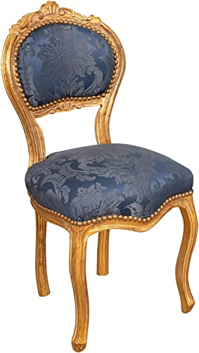 Biscottini Louis XVI Gold and Blue Chairs 90 x 45 x 42 cm - French Style Gold and Blue Chair - Bedroom Armchair - Baroque Style Chairs