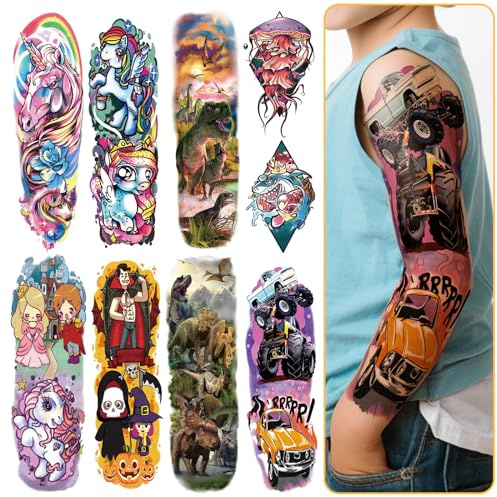 52 PCS Temporary Tattoos for Kids Full Arm Sleeve Fake Tattoos, Dinosaur Monster Car Planet Spider Shark Sticker for Boy, Princess Castle Dolphins Temporary Tattoos for Girl