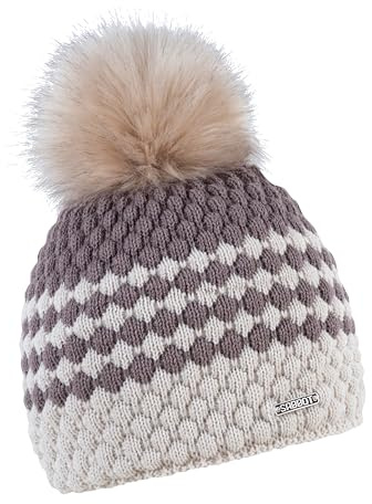 SABBOT Schick Damen Mütze mit Pelzbommel, Fleece-Futter, Wintermütze, Strickmütze, Warme Kappe (Braun und beige)