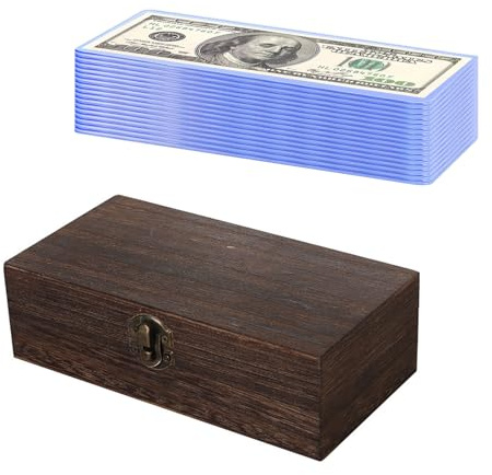 Wooden Lockable Cash Box with 20 PCS Banknotes Top-Insert Holders, Money Holder Cash Organizer Single Row Currency Tray Money Storage Box with Currency Topload Holder Bill Money Top-Load Sleeves