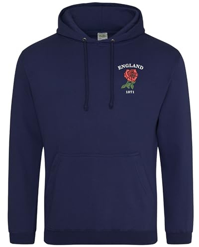 Embroidered England 1871 Hoodie Men Rugby English Supporters Rose Nations Hooded Top, S, Navy