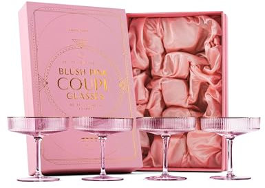 Copas Art Déco Coupé Rosas con Borde Dorado | Juego de 4 | 200 ml | Cristalería Clásica para Cócteles, Champán, Martini, Manhattan, Cosmopolitan | Copas con Platillo de Cristal Acanalado