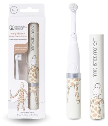 Matchstick Monkey Baby Elektrische Zahnbürste - Sanfte Reinigung für Babys & Kleinkinder - 3-36 Mon. - ultraweiche Borsten & BioCote® Schutz - Schallzahnbürste - inkl. Batterie (Giraffe)