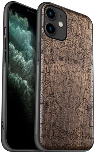 Carveit Coque en Bois pour iPhone 11 Étui Protection Artistique Cover TPU Souple de téléphone Antichoc Compatible avec Apple 11 Etui (Noyer-La Tapisserie de Hibou)