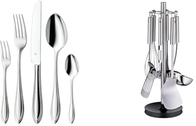 WMF Verona Besteckset, 12 Personen, 60-teilig, Monobloc-Messer & Profi Plus Küchenhelfer Set 7-teilig, Ständer mit 6 Helfern, Schöpflöffel