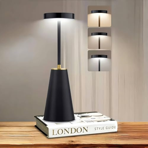 Puhui Kabellose LED Tischlampe, Dimmbar, IP54 Wasserdicht, 3 Farbtemperaturen, Touch-Bedienung, Metall + PC Gehäuse, für Innen- und Außenbereich, Esstisch, Nachttisch, Lesen, Schlafzimmer (schwarz)