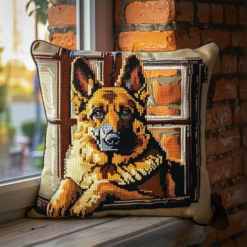 kitphoenix Kreuzstichkissen,Baumwolle,Stickset Anfänger Hund Bastelsets für Erwachsene,Stickkissen,Anfänger,Handstickerei-DIY 45 x 45 cm