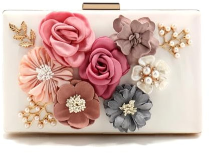YUEZHAN Abendtasche Damen Clutch Blumen Damen Abend Taschen Mode Niedliche Mädchen Clutch Mit Perlen Handtaschen Glitzer Saison Rosa Farbe Schulter Ym1227Weiß