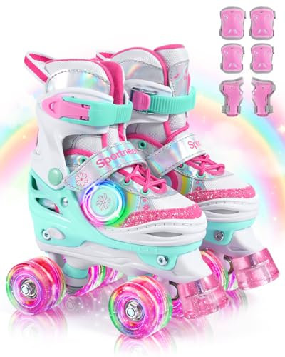 Sportneer Rollschuhe Kinder, Rollschuhe mit Seitliche Leuchtlichter und 6pcs Schutzausrüstung Rollschuhe 4 Größen Verstellbar für Mädchen, Kinder, Jugendliche, Anfänger, Drinnen und Draußen