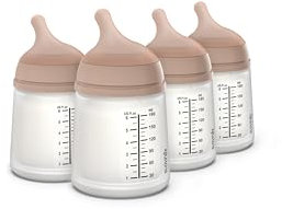 Suavinex, confezione 4 biberon anticolica Zero Zero, tettarella a flusso adattabile (A) in silicone, neonati e +0 mesi, per allattamento al seno, latte materno e latte artificiale, 180 ml, Medium