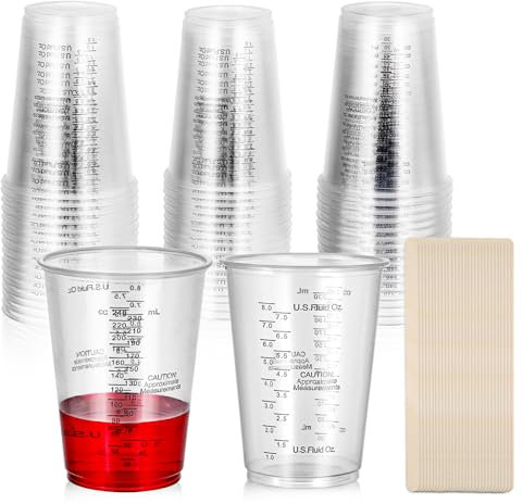 JIZZU 50PCS Plastic Measuring Cups with Scale, 240ml / 8oz Epoxy Resin Mixing Cups with 50PCS Wooden Stirring Sticks, Multipurpose Clear Mixing Cup, Paint Mixing Cups for Mixing Resin,Paint,Pigment
