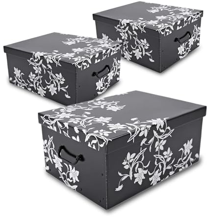 3er Set Aufbewahrungsbox mit Deckel 51 x 37 cm - Schwarz mit Blumenmuster | Stapelbox aus Pappe mit Griffen 45 L - Organizer Storage Box Allzweck Spielzeug Kiste Geschenk Karton Barock