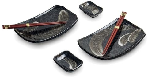 WESTCRAFT Lot de 6 assiettes à sushi japonaises - Assiettes à sushi rectangulaires, bols à sauce et baguettes en bois - Fabriqué au Japon - Ansen