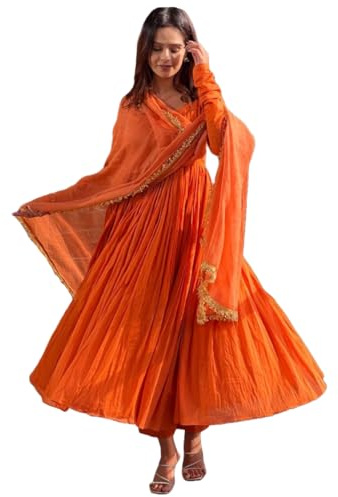 GoSriKi Kurta da donna in misto rayon Anarkali tinta unita con pantaloni e Dupatta, arancione, S