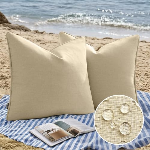 EMEMA Wasserfest Kissenbezug Outdoor Wasserdicht Sofakissen Dekokissen Kissenbezüge Dekorativ Kissen Kissenhülle aus Polyster für Garten Sofa Wohnzimmer Bett 2er Set 50x50 cm Beige-b