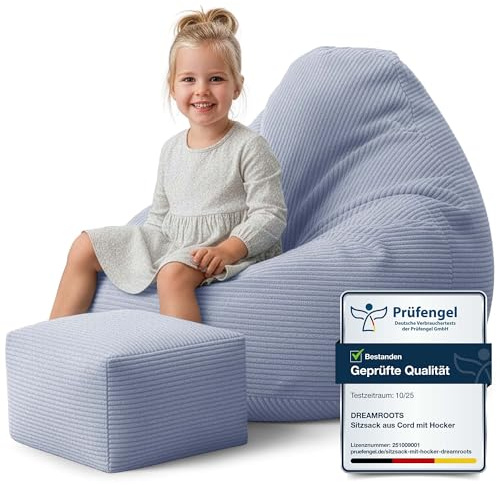 DreamRoots Sitzsack Kinder Cord 70x70x70 cm, Baltic Sea | Bean Bag Sofa, 70x70x70 cm, mit Hocker & Bezug, mit Füllung, waschbar, für Kinder & Kinderzimmer