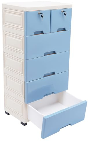 6-Schubladen Kunststoff Kommode - Schubladenkommode Freistehender Aufbewahrungsschrank mit Schloss und 4 Rädern, Schubladenschrank Organizer für Home Office, Schlafzimmer und Bad (Blau)