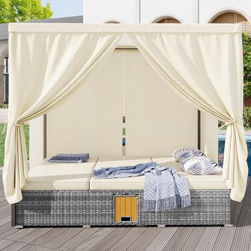 Soweiz Gartenliege Doppelbett mit Schattenvorhang, Rattanliege, Outdoor-Möbel für Lounge, Balkon und Garten, Klappbar, mit Kissen und Klapptisch, Cremeweißes Kissen