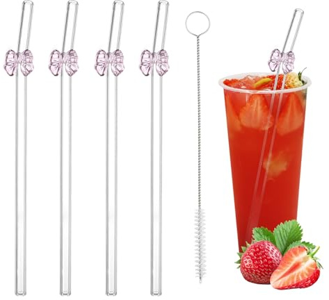 4 PCS Glass Straws Drinking, Reusable Pink Bow Straws with Cleaning Brush, Clear Glass Straw with Bows for Smoothie Milk Coffee Coctail Water Juice (B)