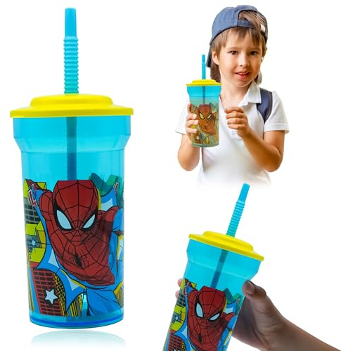 Spiderman Gobelet à eau réutilisable avec paille et couvercle, 460 ml, sans BPA, pour enfants de 4 ans et plus