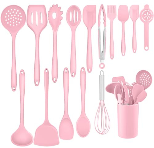 Homikit Silikon Küchenhelfer Set, 16 Stück Küchenutensilien Kochbesteck, Hitzebeständiger Rosa Kochutensilien Set mit Utensilienhalter, Gesund & Antihaft, Spülmaschinengeeignet