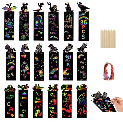 CharmeFleur Kinder Kratzpapier Kunst Set 36PCS Kratzpapier Lesezeichen Magische Kratz Lesezeichen für Handwerk Geschenk Weihnachtszubehör Regenbogen Kratz DIY Handwerkskit für Geburtstagsparty