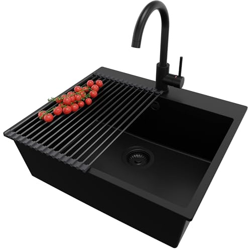 PRIMAGRAN Lavandino da Cucina al Mobile 60cm + Rubinetto, 58x50cm | Set: Rubinetto BW5010 + Kit di scarico + Scolapasta avvolgibile + Lavello in Granito a 1 Vasca - Riga, Tutto Nero