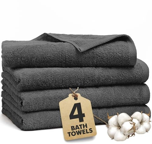 Novo Home Bath Towels Set of 4 – 550 GSM 100% Cotton Dark Grey Extra Large Towels for Bathroom, Spa Use (70x140 cm) – Super Soft and Quick Dry Large Bath Sheets for Adults