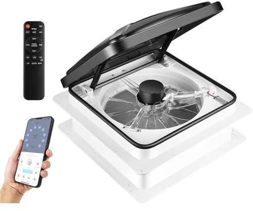 Aspiratore, Ventilatore da tetto for camper, 10 velocità, termostato da 12 V, sensore pioggia, alimentato da telecomando e timer di controllo tite APP, 14 x 14 reversibile per bagno a soffitto