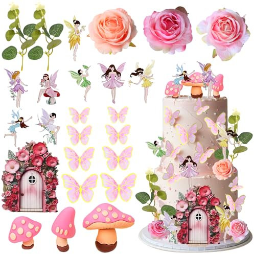 Decoración para Tartas de Hadas, 27pcs Decoracion Tarta Setas, Decoración Tartas Jardin, Cake Topper Hadas, Deco Pastel Hadas, Adornos Tartas para Cumpleaños de Niñas, Fiesta Hadas