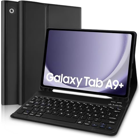 Yeegnar Samsung Galaxy Tab A9 Plus Hülle mit Tastatur, QWERTZ Deutsches Layout Bluetooth Tastatur mit Stifthalter für Samsung Galaxy Tab A9+ 2023 SM-X210/ X215/ X216 (Schwarz) (Stift Nicht enthalten)