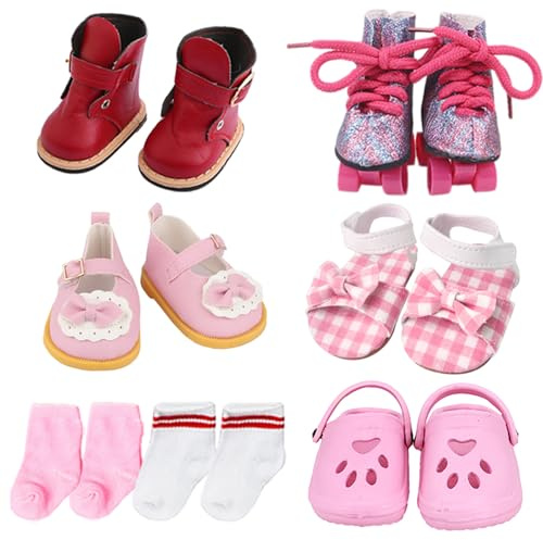 Zapatos de muñeca de 18 pulgadas, 5 pares de diferentes tipos (botas, patines, sandalias, zuecos) + 2 pares de calcetines rosados y blancos de 18 pulgadas, accesorios para muñecas de 18 pulgadas