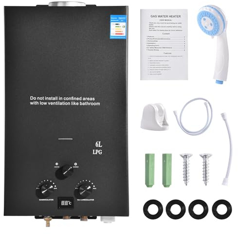 Durchlauferhitzer Gas 16L, 32KW LPG Gasdurchlauferhitzer Warmwasserbereiter Super Niedrigem 0,5bar Startwasserdruck, Tragbarer Gas Durchlauferhitzer, für Dusche im Außenbereich Dusche Bad Camping