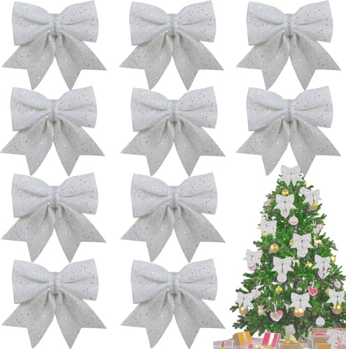 10 Stück Weiß Schleifen Weihnachten, Christbaumschmuck weiß Geschenkschleife Glitzer Deko, Schleifen Weihnachtsbaum, Weihnachtsschleifen für Zuhause Hochzeit Weihnachtsfeier Deko(14x15cm)