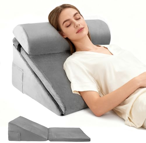 Bed Wedge Pillow, 10-in-1 Folding Memory Foam Sleeping Support Pillow with Headrest, Adjustable Incline Triangle Orthopedic Cushion for Sleep Apnea, Acid Reflux, GERD, Back Pain, Snoring,Leg Elevation