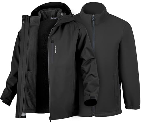 Work IDEA herrjacka, 3-i-1-jacka, vattentät (10 000 mm vattenpelare), andas, vindtät med huva och fleece innerjacka – funktionell jacka för vandring, cykel, camping och utomhus, svart, L