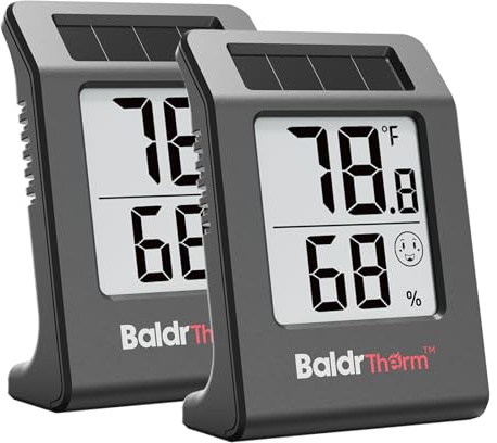 2.2'' Digital Thermometer and Hygrometer Meter, Solar-Powered Indoor Temperature Sensor Humidity Monitor, Humidity Gauge for Baby Rooms, Bedrooms, Home, Office, and Wine Cellars, Black, 2Pack