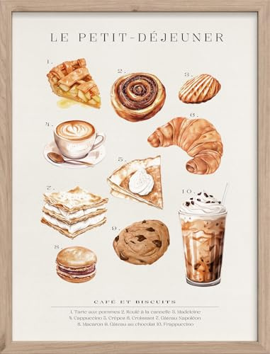 STYLER tableau encadré Petit Déjeuner 30 x 40 cm – illustration petit déjeuner français vintage – décoration murale Farmhouse Nostalgia avec cadre en bois naturel, finition mate