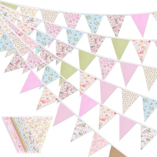 36PCS Pink Floral Bunting Banner 32Ft Fabric Bunting Reusable Vintage Triangle Flag for Garden Tea Wedding Baby Shower Birthday Parties Easter Outdoor Hanging Decor