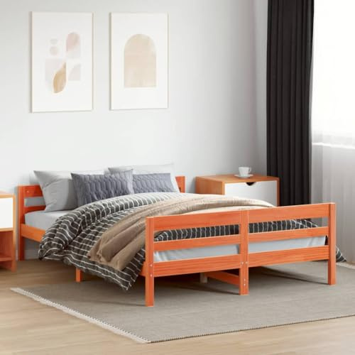 kithwjll Massivholzbett ohne Matratze, Wachsbraun 140x200 cm, Kiefernholz Bettrahmen mit Kopfteil, Stabiles Doppelbett für Schlafzimmer, Stilbett