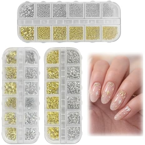 3 Cajas de Adornos para Uñas, 36 Estilos Colgantes de Uñas | Colgantes de Uñas, para Manicura, Decoraciones de Uñas (Oro+Plata)