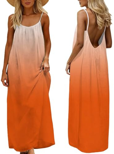 Backless Cami Dresses for Women UK Linen Beach Coverups Maxi Dress Summer Holiday Coord Outfit Tartan Print Sarongs Plus Size Beachwear Clothes Spaghetti Straps Vest