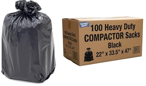 100 Heavy Duty Compactor Sacks Black 150L – Extra Large Refuse Bin Bags 22” x 33.5” x 47” (560x850x1190mm) 240 Gauge / 60 Micron – Industrial Strength Rubbish Bags for Commercial & Home Use