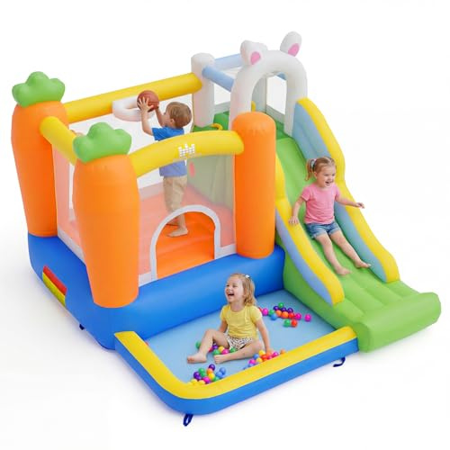 COSTWAY Castello Gonfiabile per Bambini, Casa Gonfiabile per Interno ed Esterno con Trampolino, Scivolo, Piscina con 50 Palline, Parete da Arrampicata e Canestro, per 3-12 Anni (Senza Soffiatore)