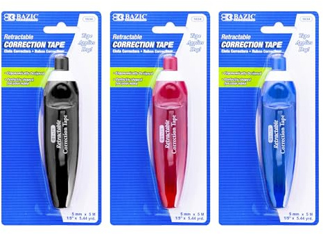 BAZIC Products Retractable Correction Tape 5 mm x 196, Easy-to-Use Roller Applicator, White Correction Tape for Instant Mistake Fixing in Office, School & Home, 24-Pack