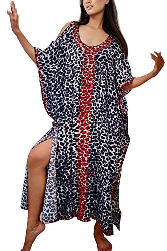 YouKD Vestido largo de verano caftán bohemio para la playa, traje de baño para mujer, F Leopardo rojo, Talla única
