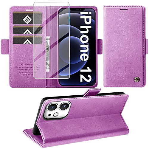 Giyer Handyhülle für iPhone 12/12 Pro Hülle mit Schutzfolie, Standfunktion Kartenfach Wallet Premium Leder Schutzhülle für iPhone 12/12 Pro 5G 6.1 Zoll Flip Case Cover Stoßfeste Klapphülle (Lila)