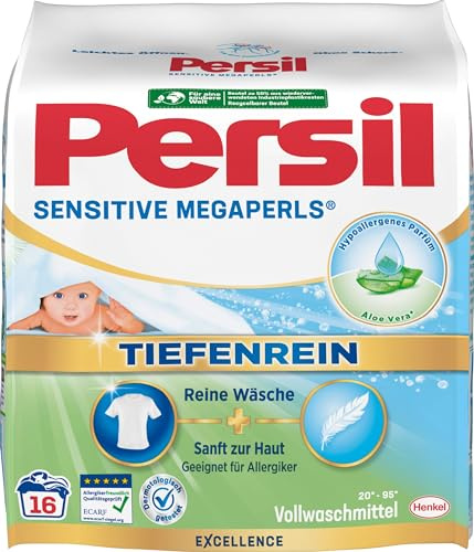 Persil Sensitive Megaperls (5 x 16 Waschladungen), Waschmittel für Allergiker mit beruhigender Aloe vera für sensible Haut, effektiv von 20 °C bis 95 °C, ECARF-zertifiziert