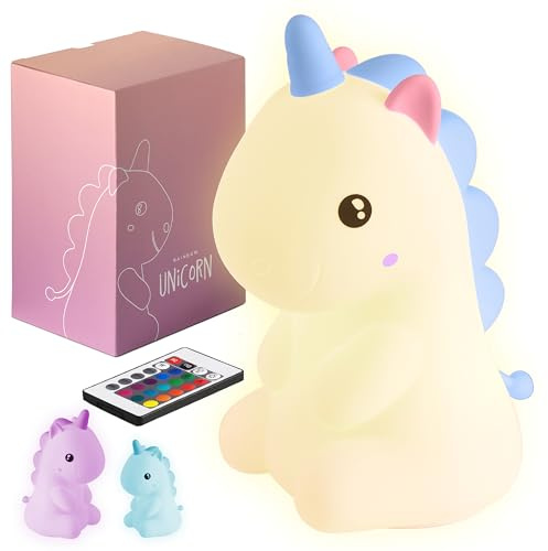 Madrigal Lampada Unicorno - Luce Notturna Bambini - Cameretta - Ricaricabile USB-C con Telecomando - Multicolore e Luce Calda - Soffice Silcone - Timer luci Arcobaleno