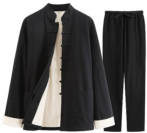 GVILTY Abito per Arti Marziali - Abbigliamento Tradizionale Cinese da Uomo Uniforme Kung Fu, Cotone Lino Tai Chi Uniforme Pantaloni a Maniche Lunghe Cappotto Top black-3XL